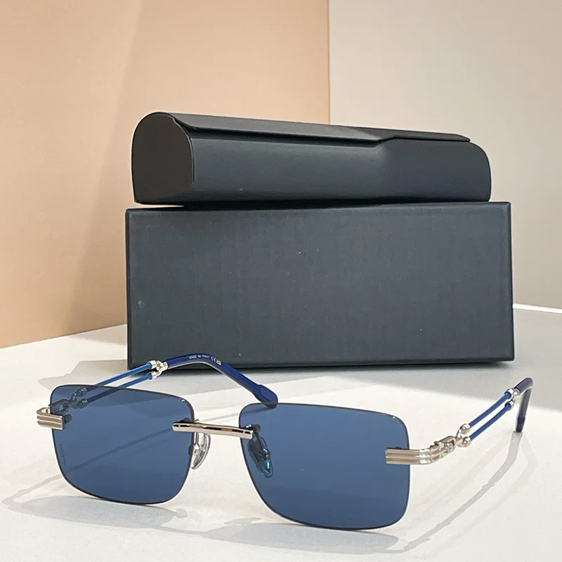 

INS Fashion Luxury Blue Sliver Rimless Sunglasses for Male 2025 Trendy Classical High Street Boundless Alloy Solar Glasses