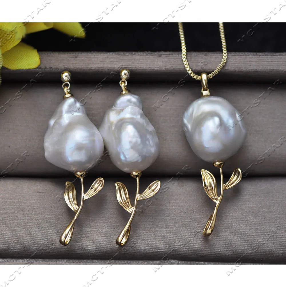 

Z13704 Set 925silver 18mm White ROSE Baroque Keshi Pearl Golden Leaf Stud Earring Pendant