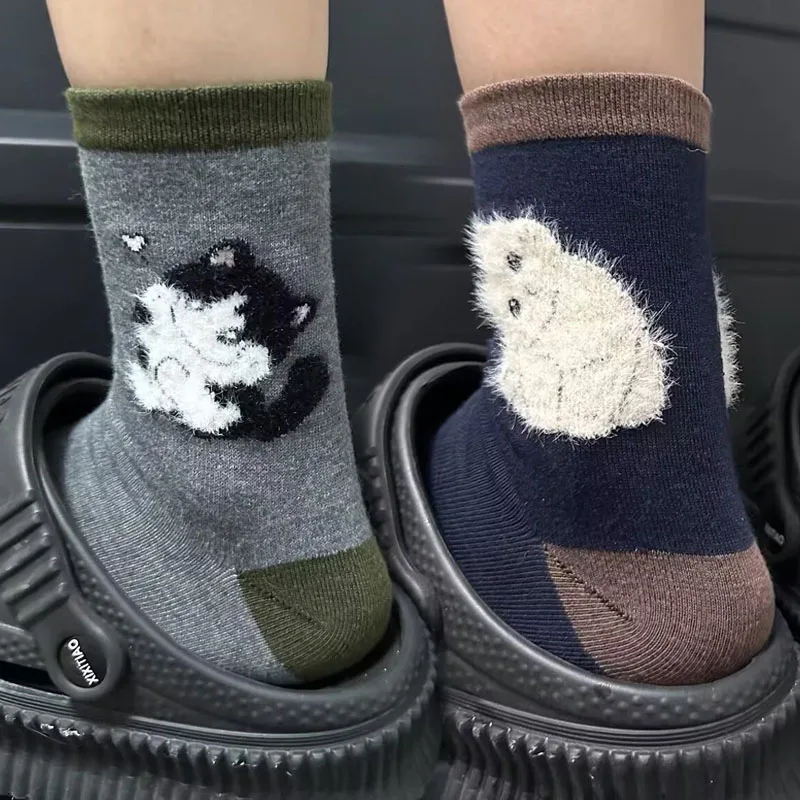 

Женские носки средней длины с флокированным котом, осенне-зимние удобные теплые мягкие бархатные хлопковые носки в стиле Харадзюку, чулки с забавным принтом и котом