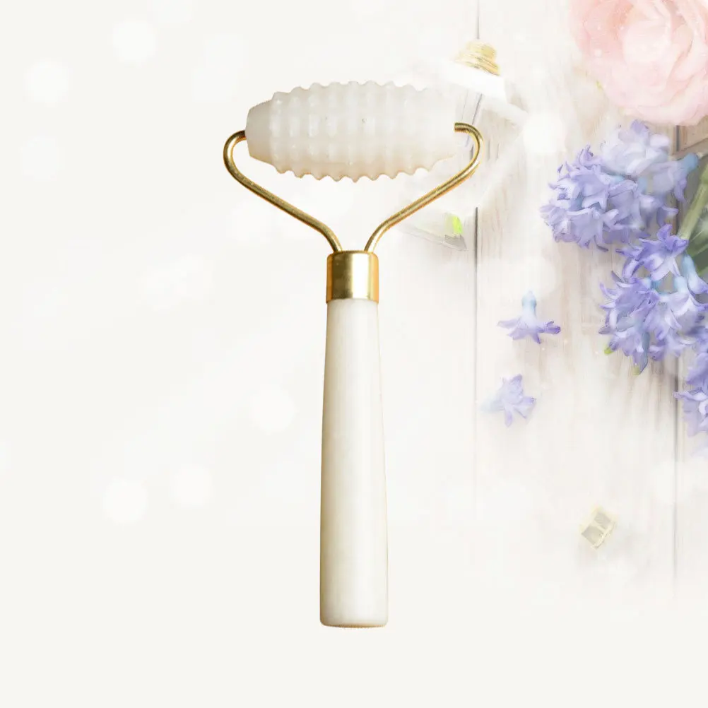 Masajeador Facial con rodillo de Jade Natural, mango de Metal ergonómico, compacto, portátil, herramienta de cuidado Facial fino, masajeador con rodillo, 1 Uds.