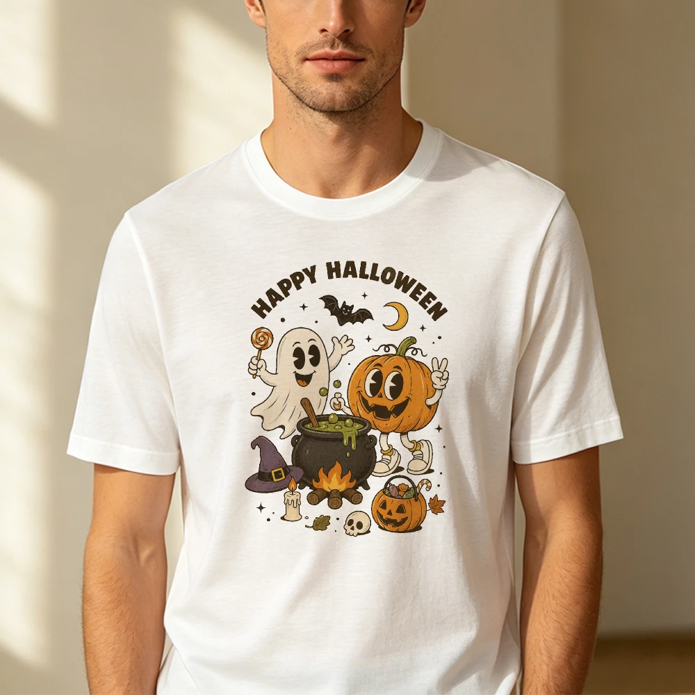 HAPPY HALLOWEEN Cute Ghost Pumpkin Cauldron Motif Mens Spooky Season Retro Graphic Holiday Casual Everyday Attire T Shirts