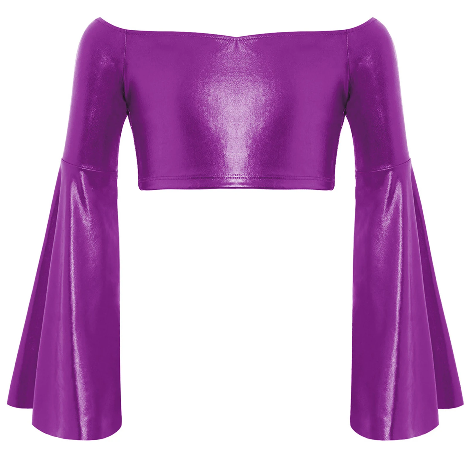 

Kids Girls Shirt Jazz Dance Top Long Flared Sleeve Off-Shoulder Shiny Metallic Crop Top for Parties Stage Performance Dancewear