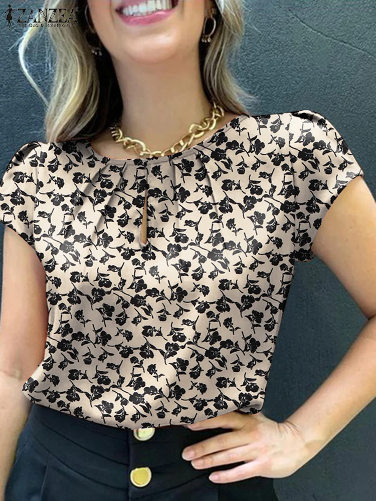 

ZANZEA Женские блузки с цветочным принтом и короткими рукавами-крылышками, вырез в виде замочной скважины, повседневная одежда Blusas de Mujer