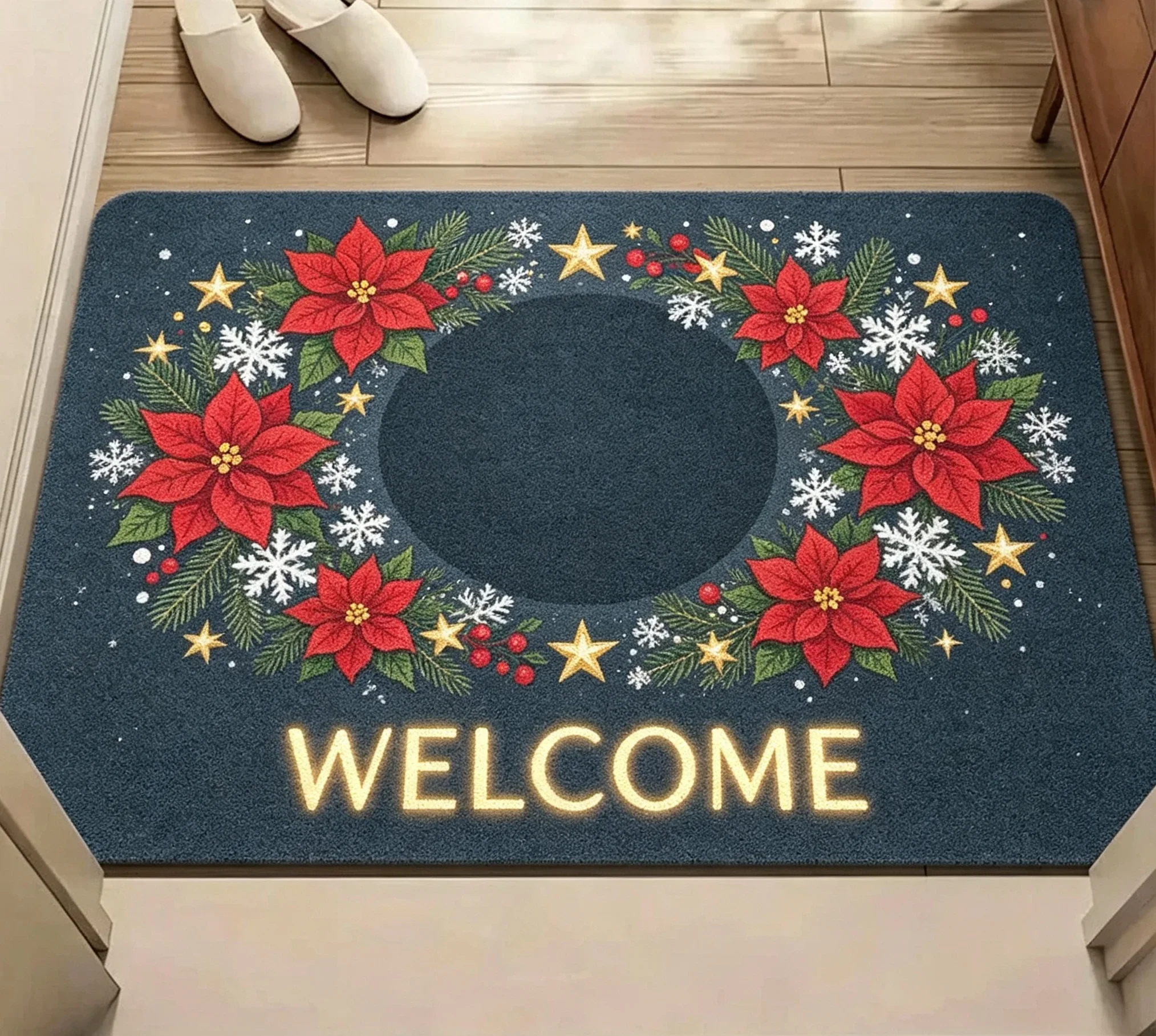 Festive Poinsettia Gold Border Bell Deep Green Doormat For Holiday Entryway Non Slip Welcome Floor Mat Accent
