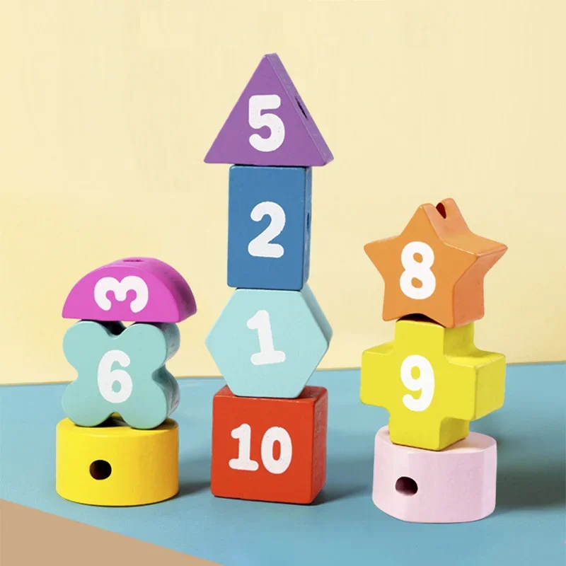 나무 기하학 퍼즐 몬테소리 색상 기하학 인지 매칭 보드 로프 착용 게임 어린이 교육용 장난감