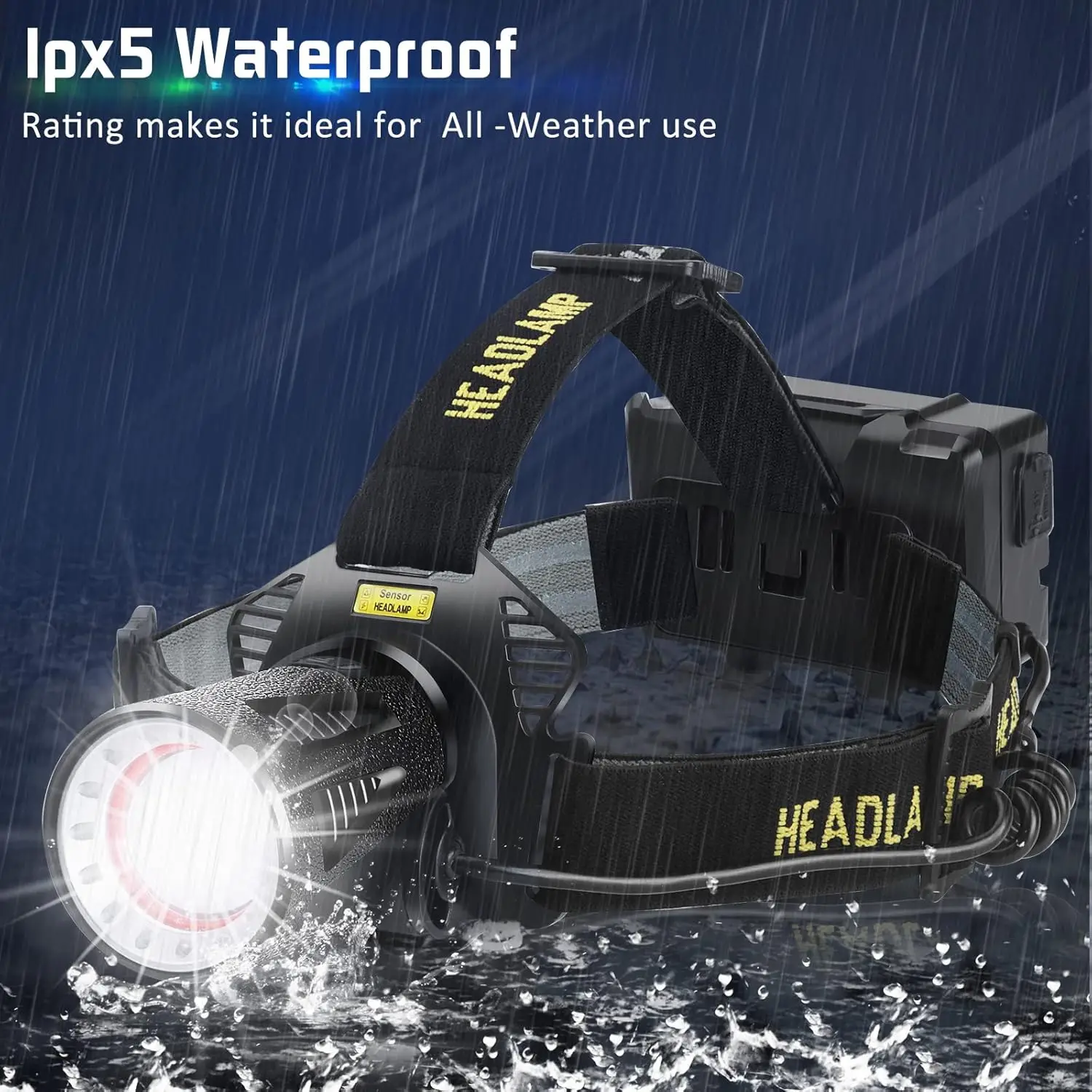 Rechargeable Super Bright Headlamp with Motion Sensor, 7 Modes, Zoomable, IP68 Waterproof for Camping Hunting Fishing