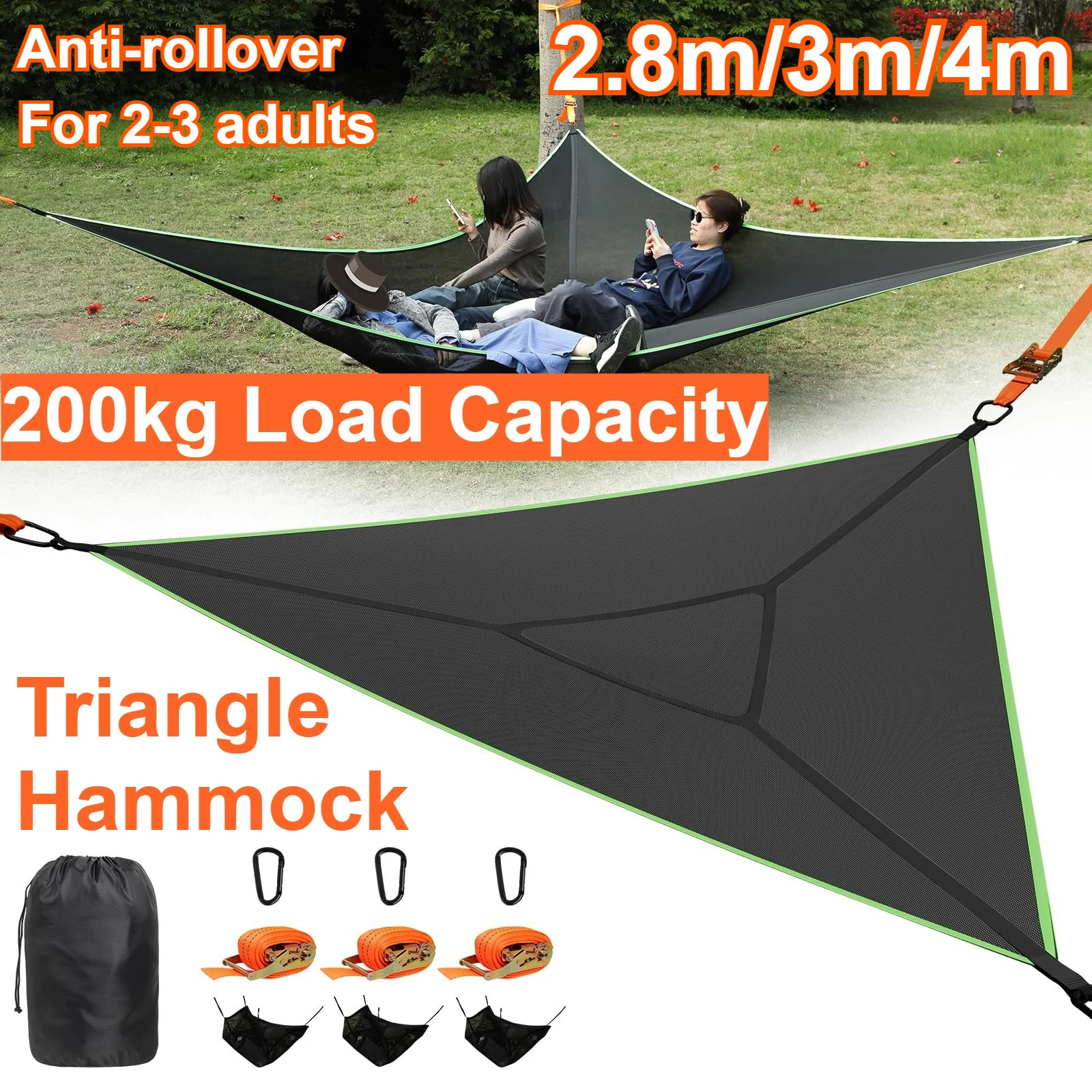 Hamaca triangular de 2,8 m/3m/4m con 3 correas de amarre de trinquete, bolsa de almacenamiento de máx. 800 libras para 2-3 adultos y niños, viajes al aire libre para varias personas