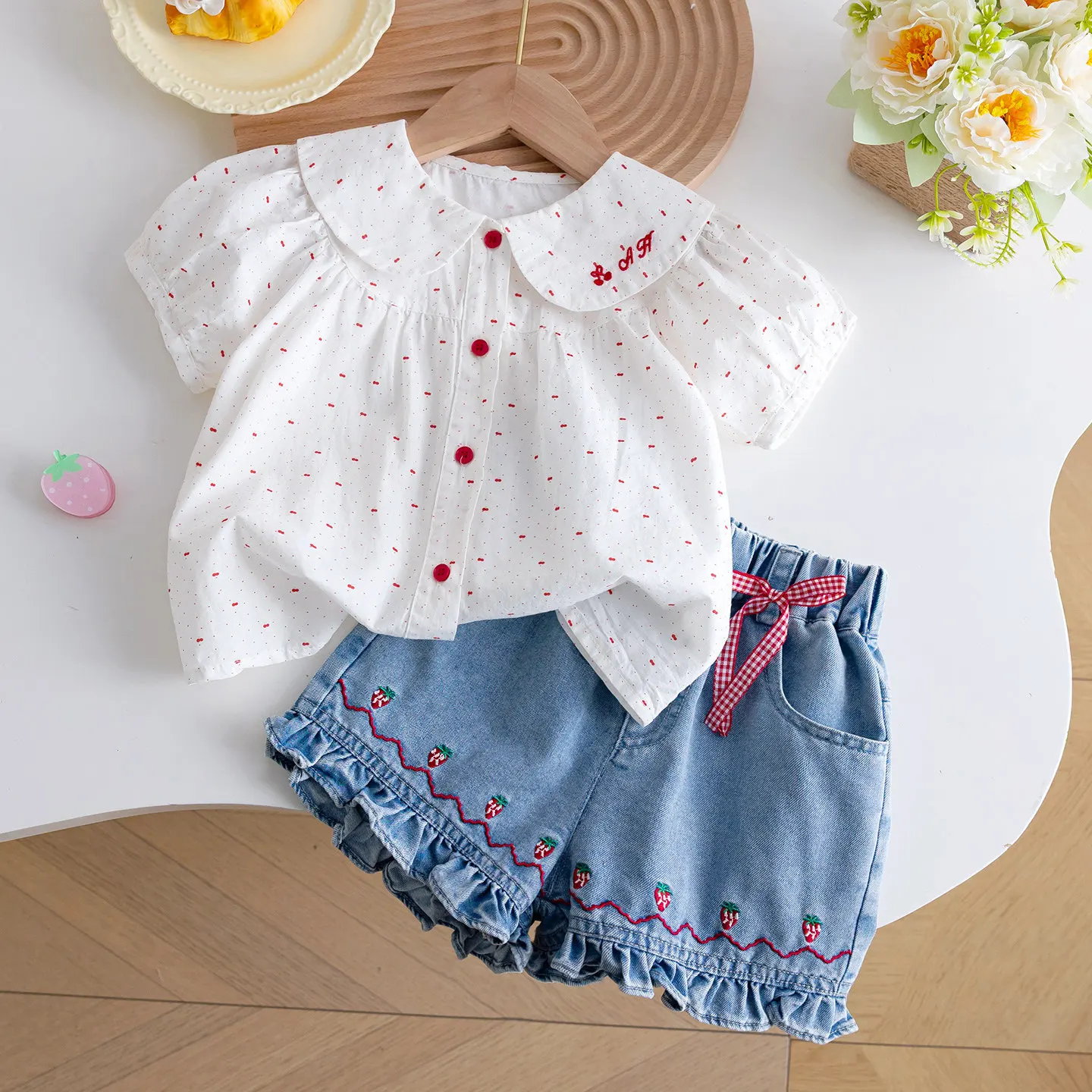 Girls Summer Outfit Thin Breathable Strawberry Embroidered Peter Pan Collar Shirt Set Denim Shorts Baby Casual Two-piece Set