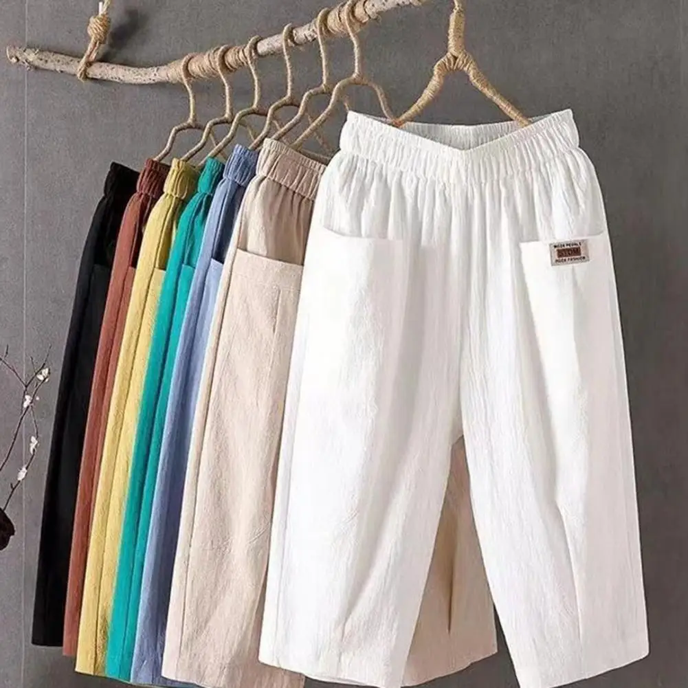 

2024 Women Summer Cropped Pants Casual Loose Harem Trousers Solid Color Pockets Mid-rise Elastic Waistband Wide Leg Casual Pants