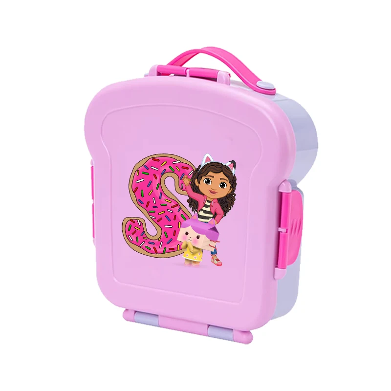 Gabby Dollhouses Kotak Makan Siang dengan Sendok Garpu Kotak Saus Anak Perempuan Anime Huruf Sekolah Piknik Bento Wadah Penyimpanan Makanan Hadiah Anak-anak