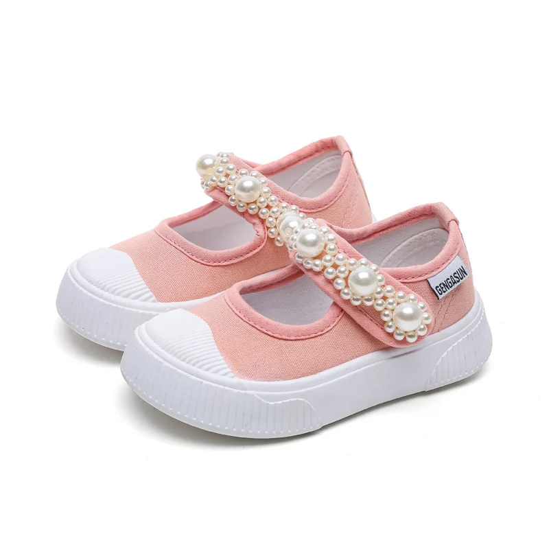 Zapatos de lona informales para bebés y niños, zapatillas antideslizantes de suela blanda para niñas, zapatos transpirables de Color sólido con perlas de imitación