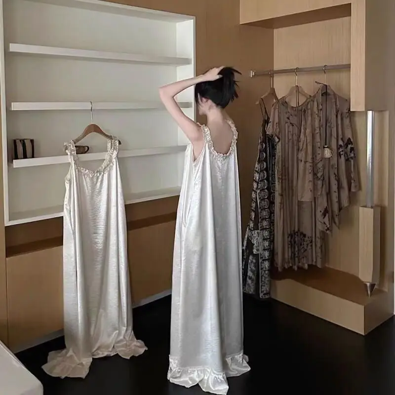 Women's Pajamas Comfortable Nightgown Satin Gown French Ice Silk Women Summer 2026 New Pearl White Princess Lace Spaghetti Strap