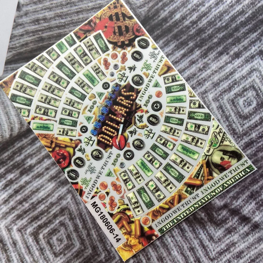 1Pcs 3D Geld Dollar Sign Nail Art Stickers Zelfklevend Speelkaart 100 Bill Dollar Nail Tips Decoratie Slider poker Decals