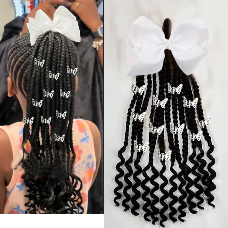 

Kid Ponytail Braid Hair Extensions with Curly Ends - Elastic with Butter/ Dreadlock Hair Beads- Protective Hairstyle Detachable