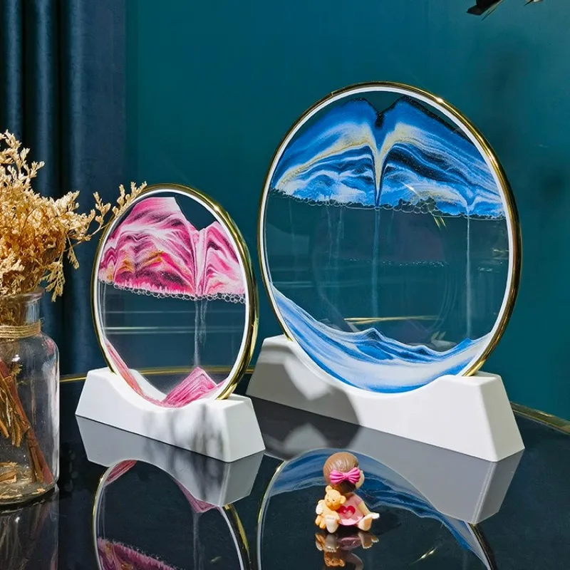 الساعة الرملية الرمال المتحركة تتحرك الرمال صورة فنية ثلاثية الأبعاد زجاج مستدير أعماق البحار الرمال الحرفية تتدفق اللوحة مكتب ديكور المنزل هدية