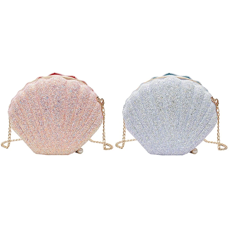 2Pcs Women Girls Little Mermaid Seashell Purse Cross-Body Shoulder Bags Glitter Sequins Chain Evening Purse, Pink & White