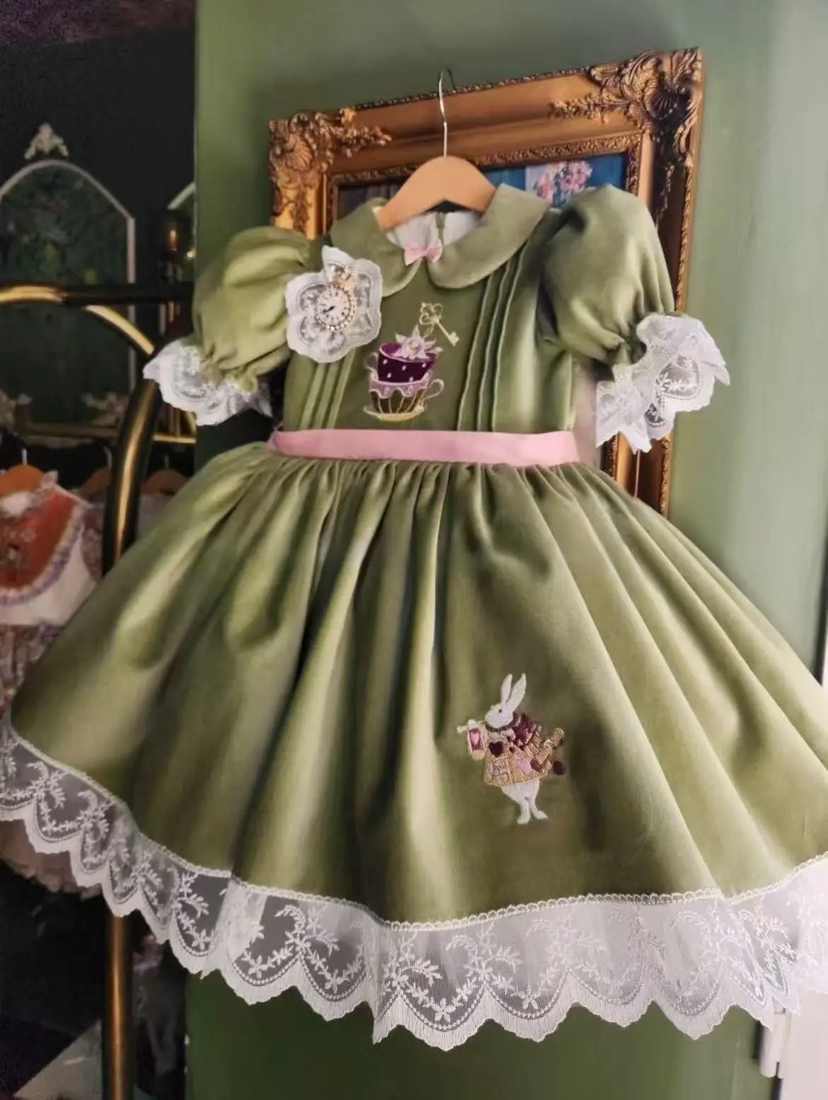 0-12Y Baby Girl Autumn Alice Rabbit Embroidery Green Velvet Dress Boy Suit for Birthday Photography Holiday Christmas C307