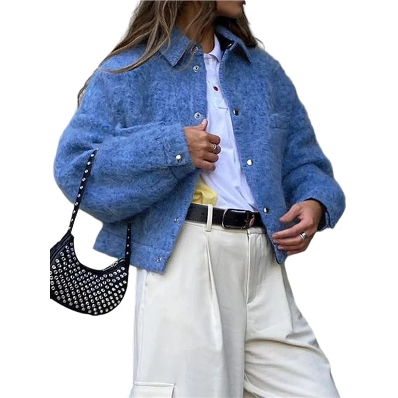 Long Sleeve Crewneck Button Down Women Coat For Women Blue S Eco-Friendly