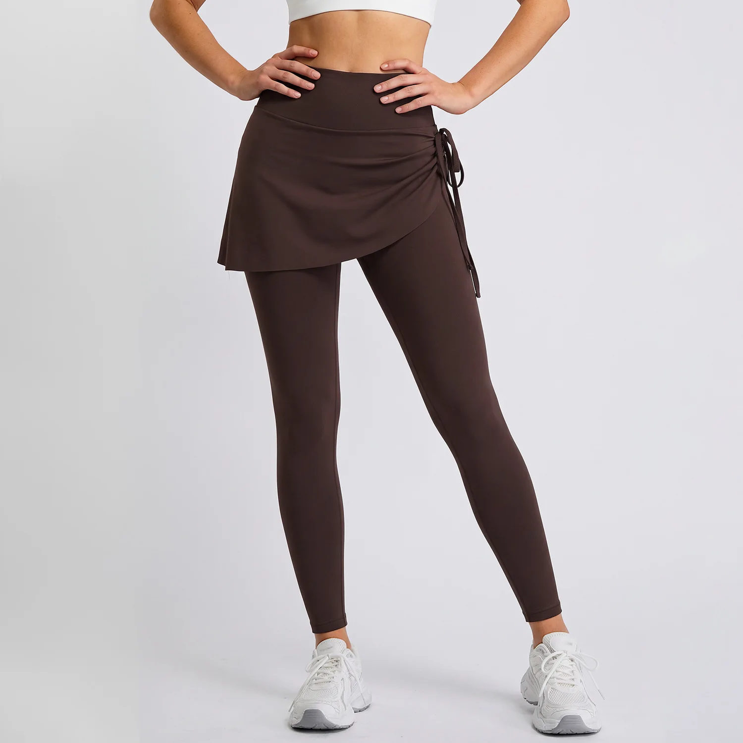 Women Fake Two-Piece Skirted Yoga Leggings Drawstring Pleated Skirt Slimming No Camel Toe Workout Fitness Long Pants