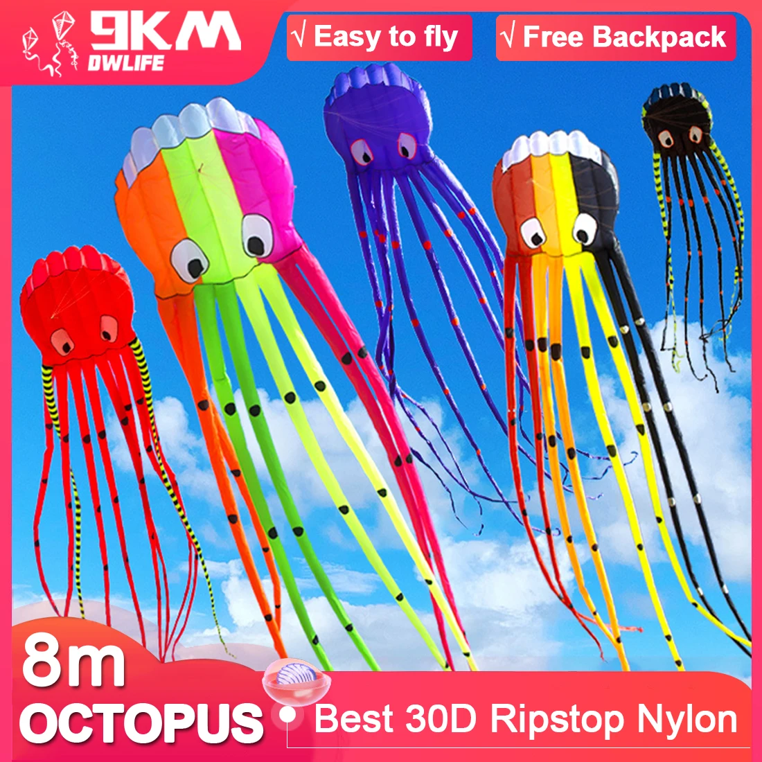 9KM 13 Màu Bạch Tuộc Lớn Diều 8M Lớn Dây Chuyền Đơn Bơm Hơi Mềm Diều 30D Ripstop Nylon Vải túi