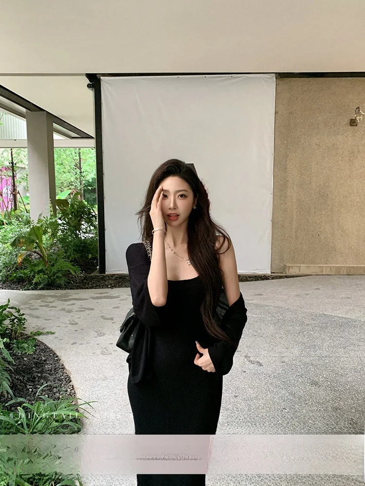 

Повседневный вязаный комплект с длинным рукавом и юбкой на бретелях для девочек-подростков, осенняя модная одежда, средней толщины, однотонный