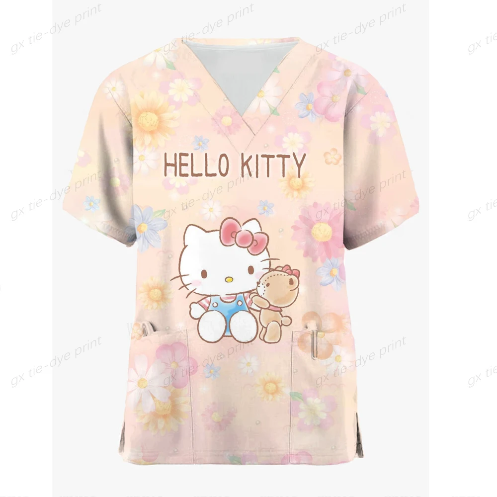 2024 Hello Kitty Print Scrub top donna dentista uniforme da lavoro infermiera Scrub uniformi Medicos Para Mujer Tooth Hospital Workwear