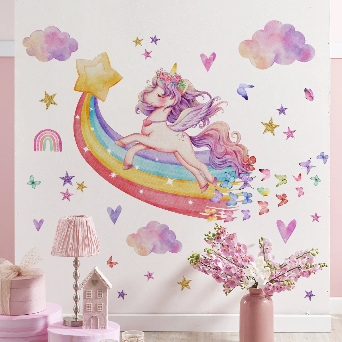 Rainbow Unicorn Wall Stickers for Kids Rooms Girls Baby Room Decoration Nursery Wallpaper Vinyl Self-adhesive Star Butterflies