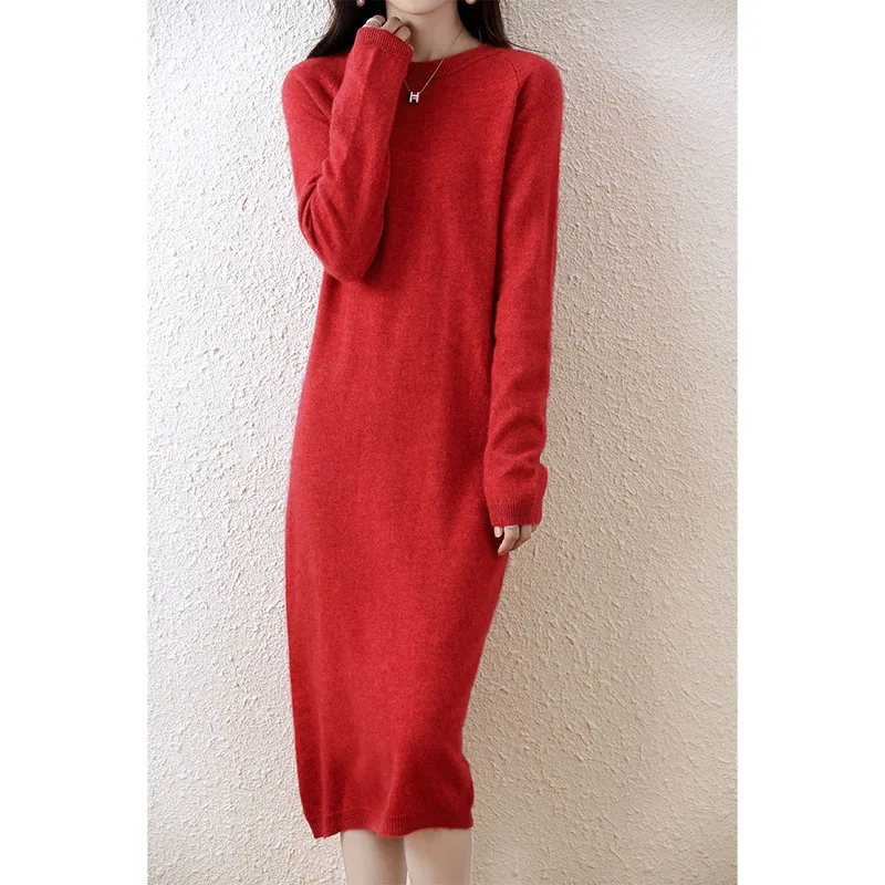 2023 Autumn Winter New Women Fashion Dress 100% Wool Warm Sweater Dress Long Sleeve Knitted Pullover Female Casual Dresses