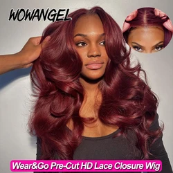 Wear&Go Pre Cut HD Lace Closure Wigs 250% 99J Burgundy Colored Body Wave Wigs 5x5 HD Transparent Lace Closure Human Hair Wigs