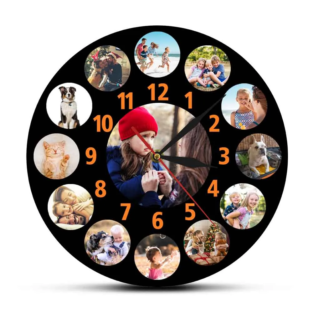 Custom 13 Photos Print Faminly Wall Clock For Bedroom Modern Design Home Decor Timepieces Personalized Photo Collage Wall Clock