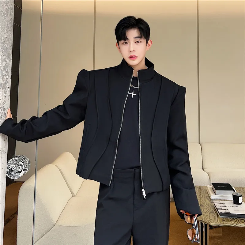 Spring Design Short Men\'s Jacket Black White Color Block Shoulder High Street Style Casual Korean Version Anti-Wrinkle Polyester