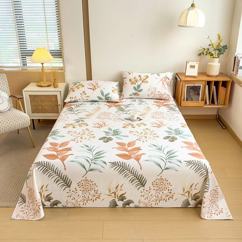 Tropical Plants Cotton Bed Sheet Set Leaf Plant Landscape Pattern Bedroom Decor Bedding with 2 Pillowcases King Soft Flat Sheets