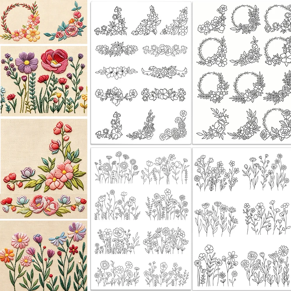 Floral Wreath Corner Stick And Stitch Embroidery Transfer Water Soluble Stabilizer For Hand Sewing Clothing Bag DIY Crafts
