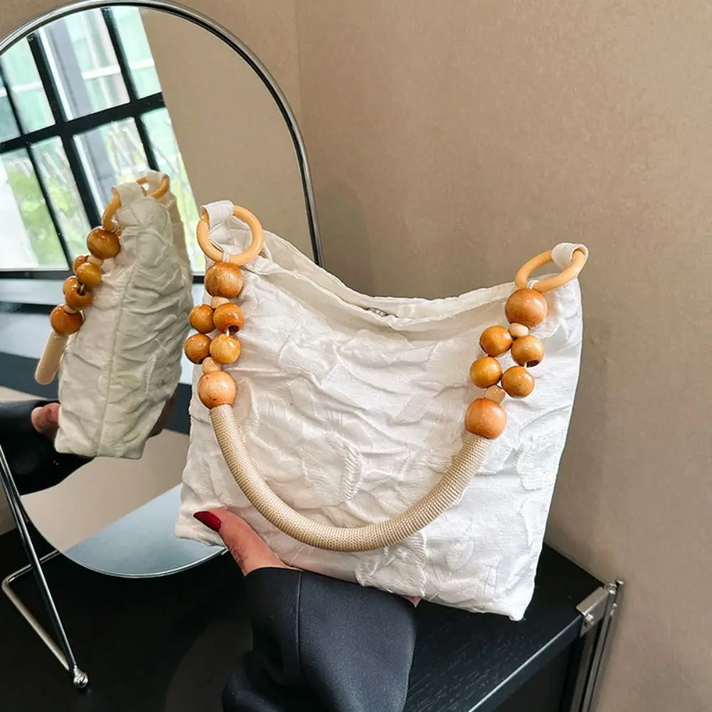 

Simple Pleated Chinese Style Shoulder Bag Vintage Zipper Canvas Bag Wood Beading High-Capacity Jacquard Underarm Bag Streetwear