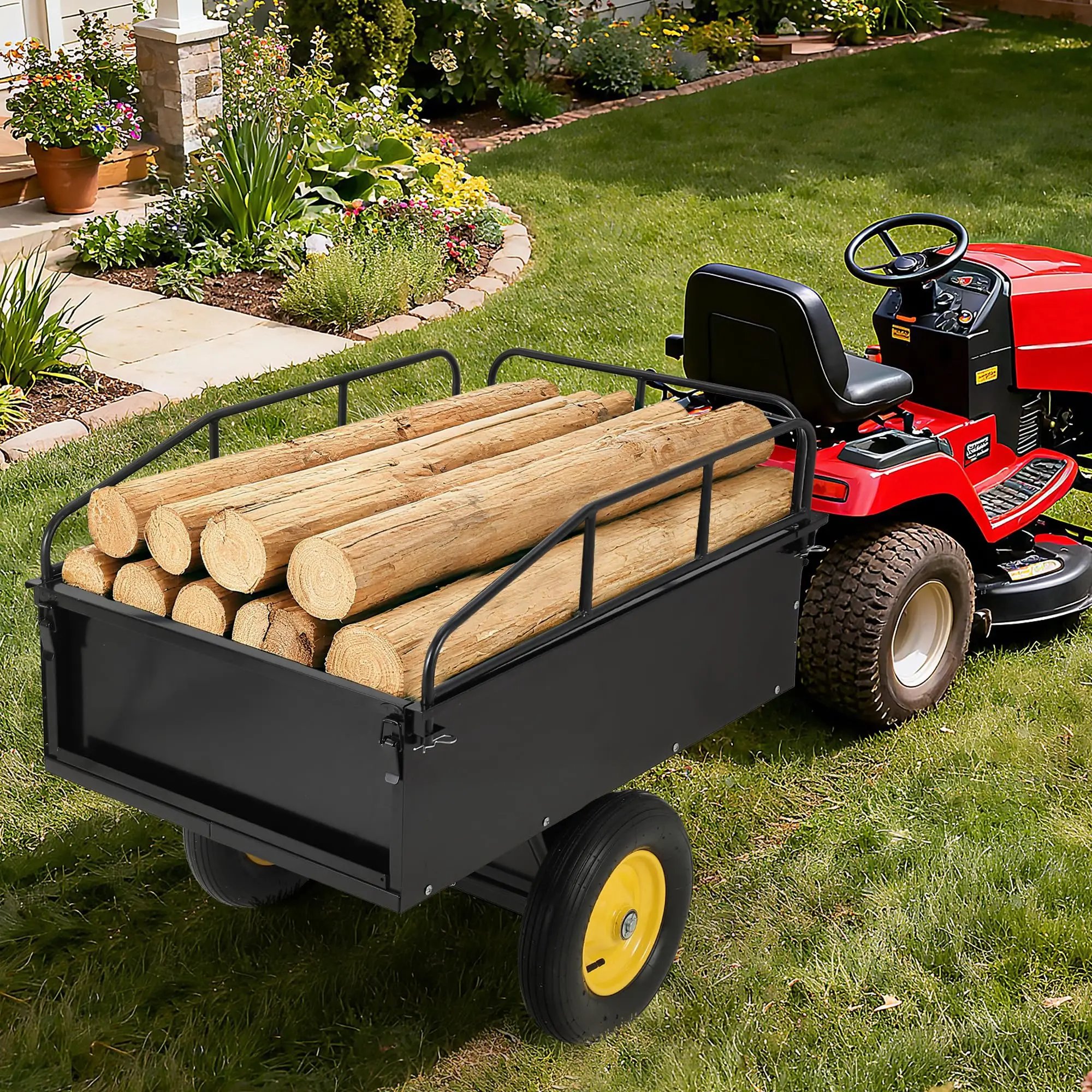 750 lb Steel Dump Cart 17 Cu Ft ATV Utility Trailer, Removable Sides, Pull Behind Lawn Mower Tractor UTV Garden Yard Hauler