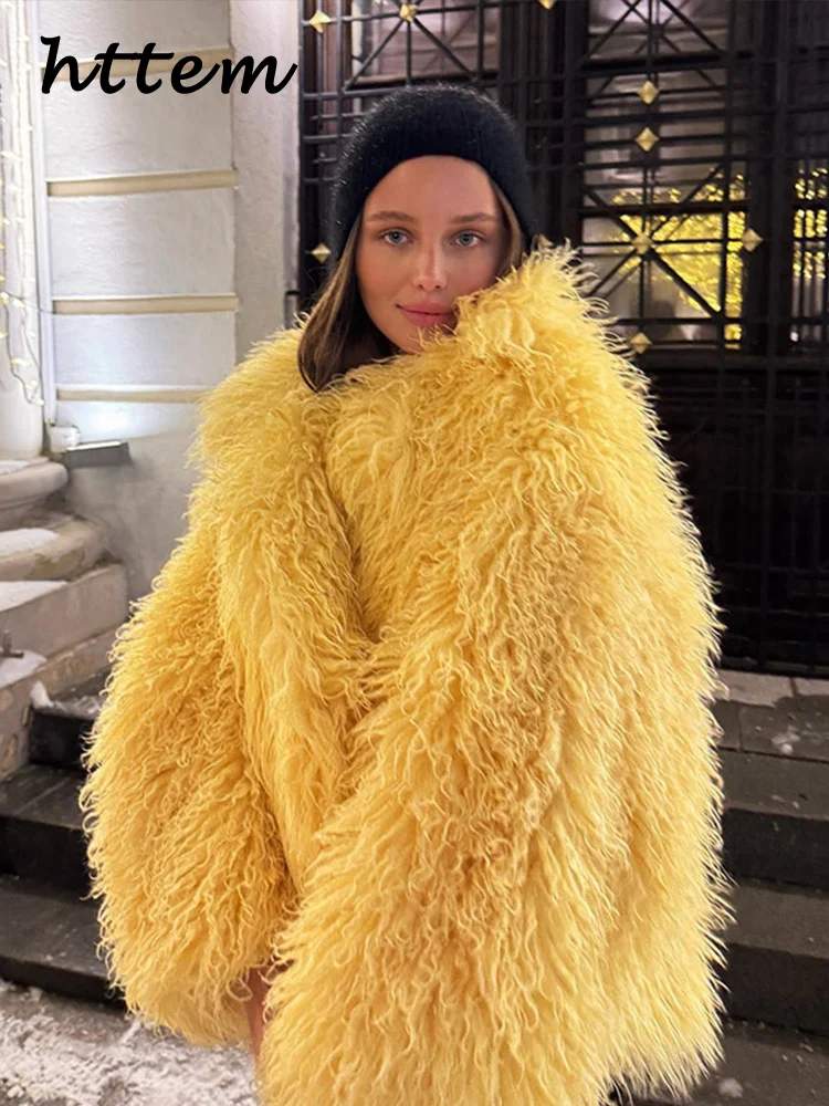 

Luxury Women's Fluffy Faux Fur Coat Street Lapel Long Sleeve Female Plush Overcoat 2025 Winter Lady Elegant Thicken Outwear New
