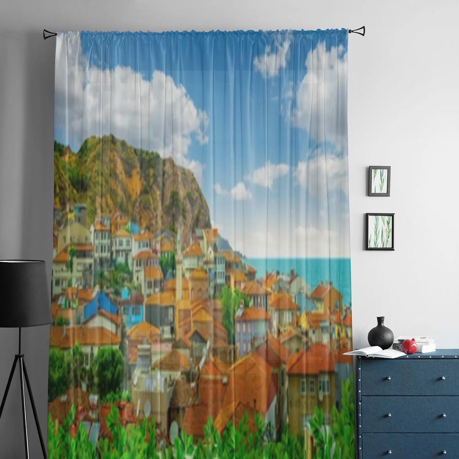 Village Landscape On The Coast Sheer Curtains For Living Room Kids Bedroom Tulle Curtains Kitchen Window Treatment Drapes