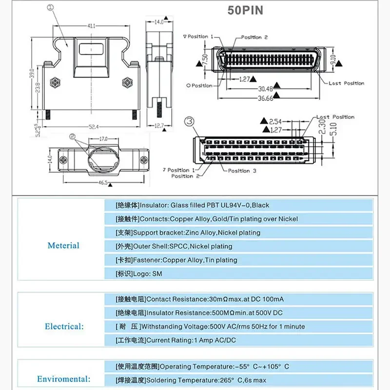 SCSI  SM-14P/20P/26P/36P 50 Pin Encoder Servo Drive Plug Plugins MDR 1394-6P/6E Connectors High Density Gold Plated Solder Joint