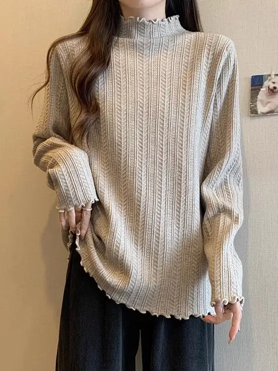 

Свободный вязаный женский топ с деревянными ушками, осенне-зимний свитер с высоким воротником, удобный крой, модный корейский слэ