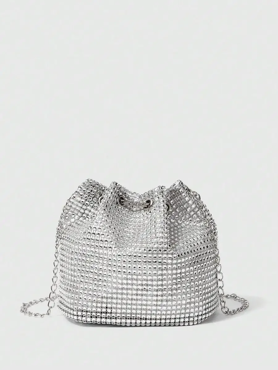 

Rhinestone Chain Bucket Bag Women Mini Shoulder Bag For Party Evening Wear