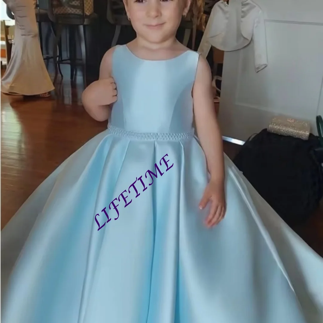 Customized Lovely Quality Satin Flower Girl Dress with Bow Fluffy Wedding Dress Little Girls Princess Birthday Party Gown