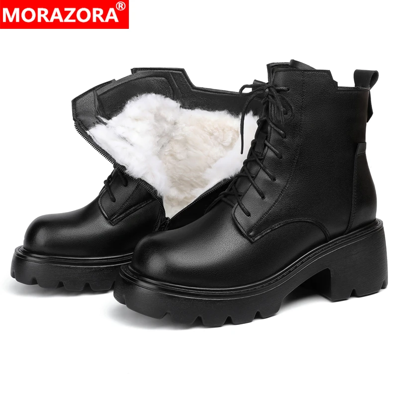 MORAZORA 2024 New Genuine Leather Boots Women Zipper Light Bottom Nature Wool Snow Boots Ladies Warm Ankle Boots Winter Shoes