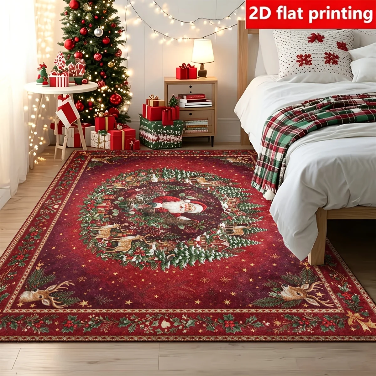 1pc 2D Flat Santa Claus Wreath Christmas Printed Floor Mat, Decorative Rug for Living Room, Bedroom, Home
