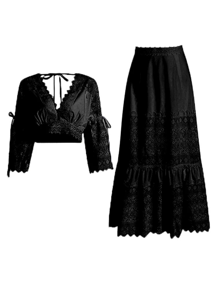 ROMISS Solid Hollow Out Two Piece Set For Women V Neck Flare Sleeve Crop Tops High Waist Long Skirt Elegant Set Female Summer