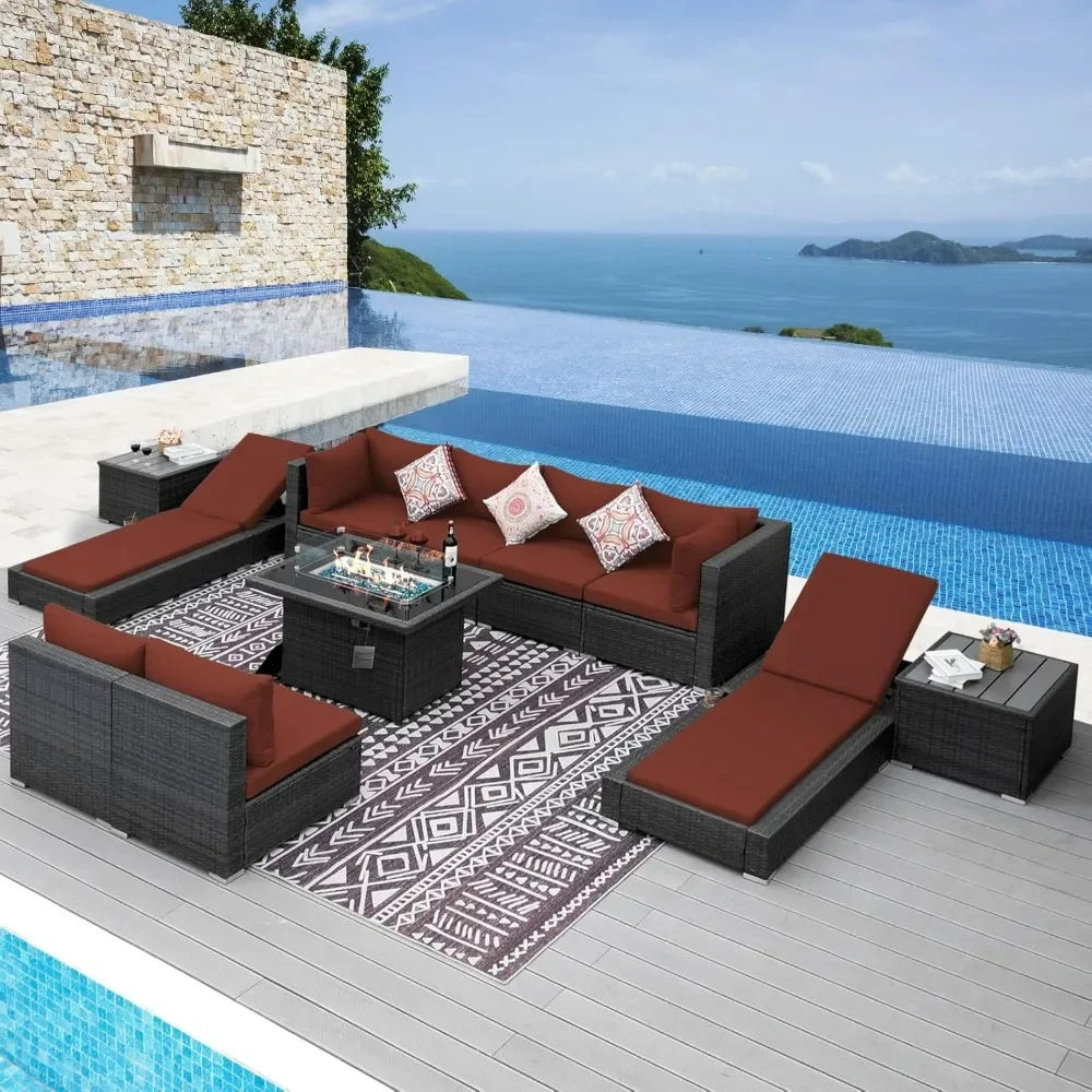 Luxury Outdoor Wicker Sectional Furniture Set with Propane Fire Pit Table Lounge Chair Side Table, Modular Conversation Sofa Set