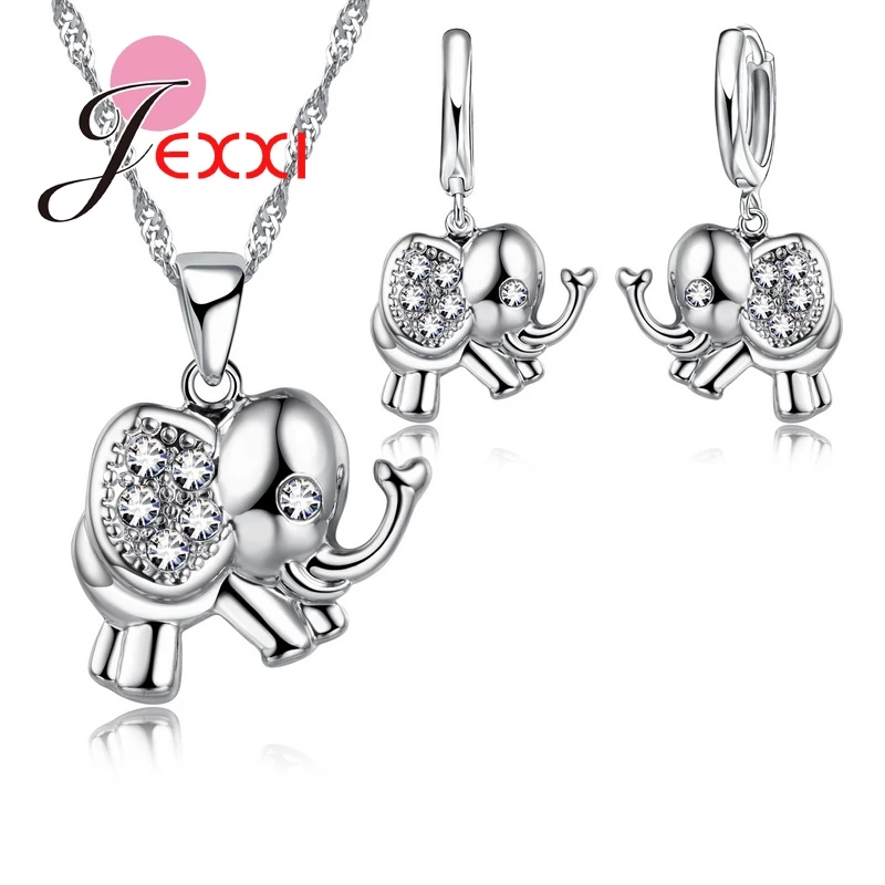 

Small Elephant Necklace & Earrings 925 Sterling Silver Wedding Party Accessories With Top Quality CZ Crystal Wholesale