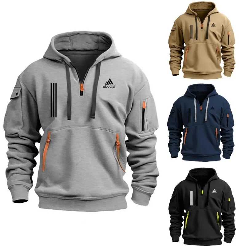 Men's autumn winter sweatshirt multi-pocket thickening outdoor jogging half-zip loose pullover fashion men's sports hoodie