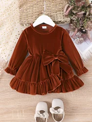 In Autumn And Winter, Comfortable Simple And Fashionable Gold Velvet Round-Neck Long-Sleeved Dress For Girls Aged 0-3