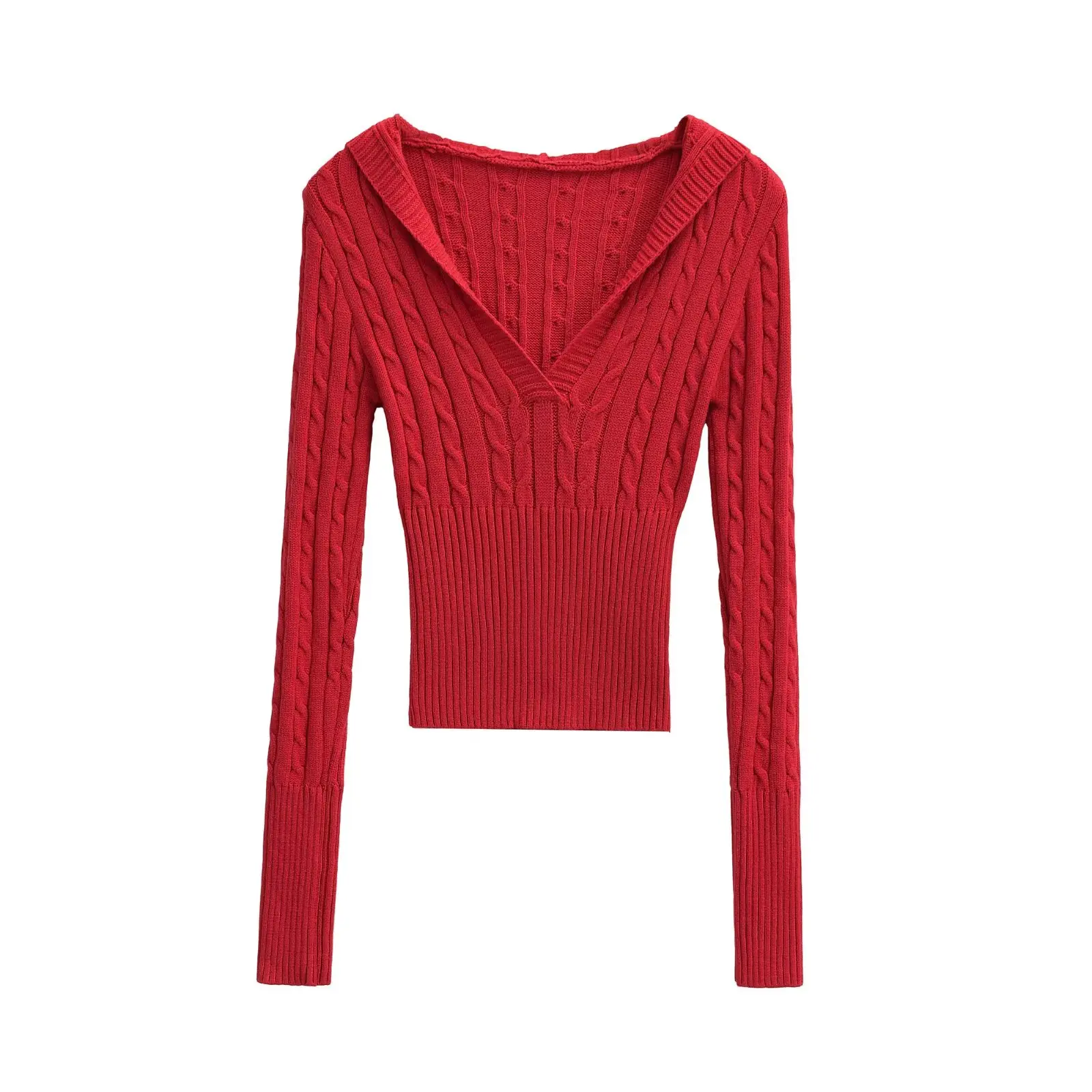 بلوفرات نسائية محبوكة متقاطعة مع قلنسوة ورقبة على شكل حرف V سترات تريكو مرنة ضيقة بلون واحد