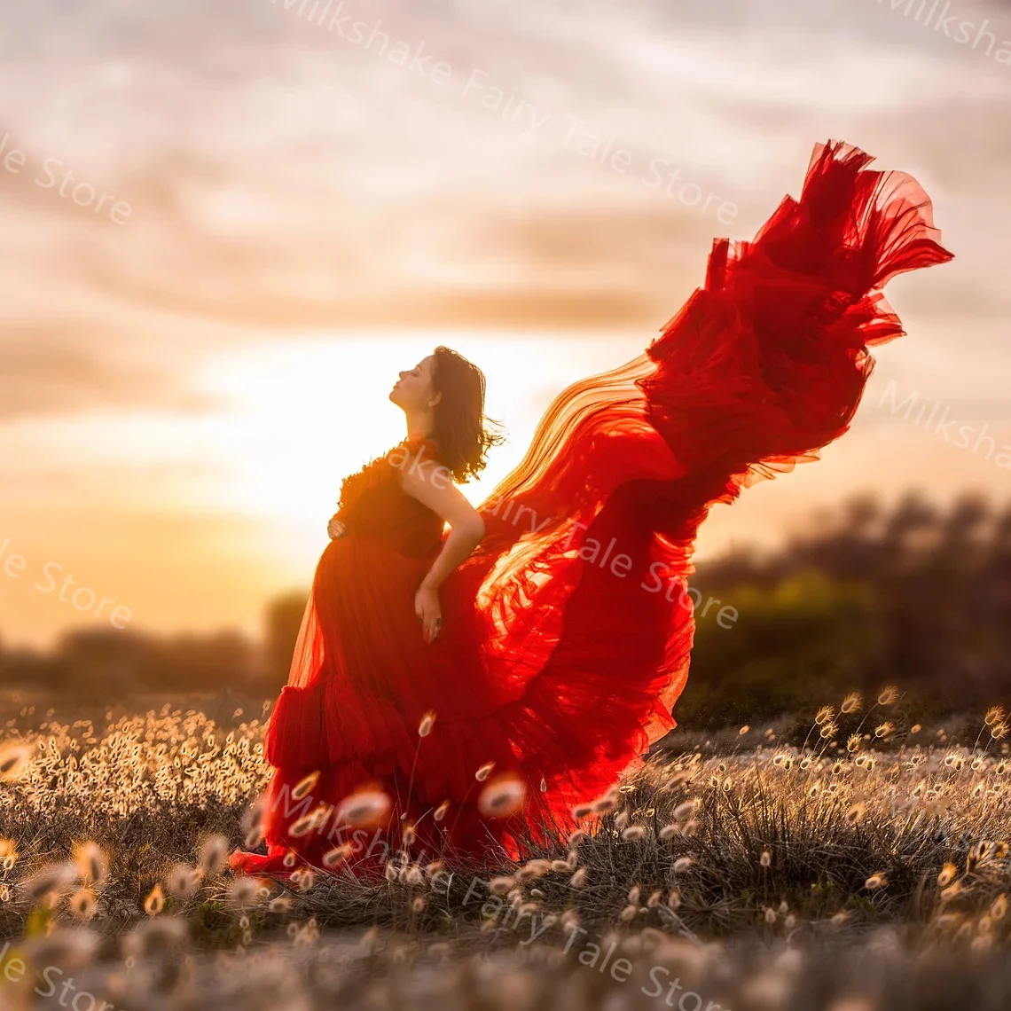 Batas de maternidad Rojas encantadoras para fotografía, hombros descubiertos, una línea, vestidos de embarazo, cuello en V, volantes escalonados, Babyshower